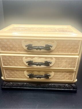 Vintage 1950s Celluloid Jewelry Box Asian Scenic 3 Drawer Vanity Trinket Chest.
